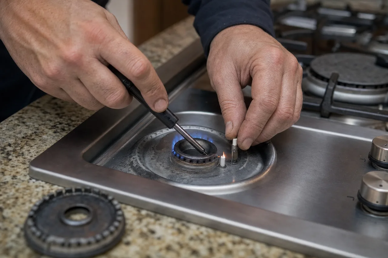 Technician adjusting a gas cooktop burner in an Old Westbury kitchen