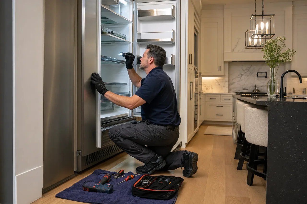 A technician servicing a stainless Wolf range in an Old Westbury kitchen