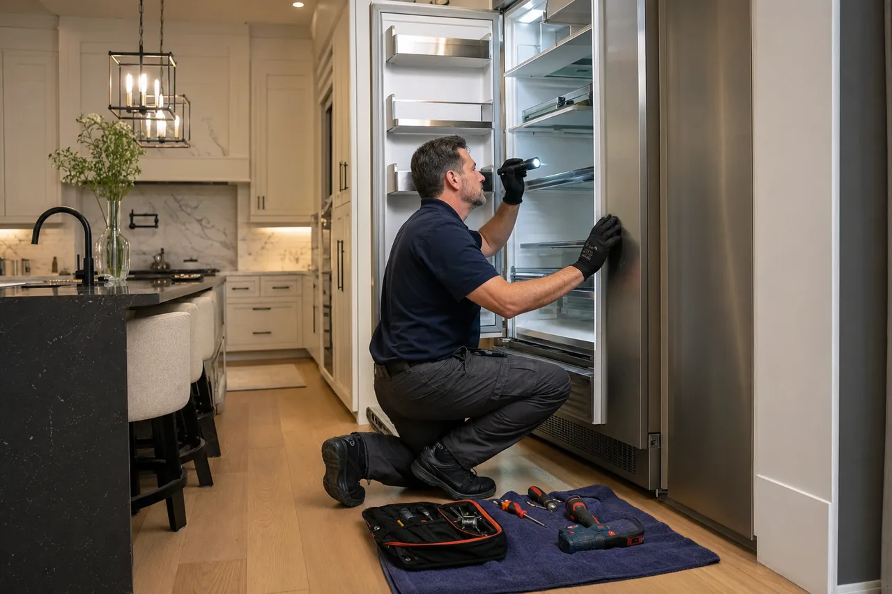 Technician repairing a built-in refrigerator up close
