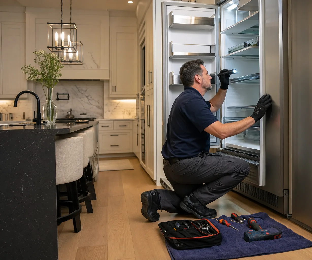 Technician repairing a built-in refrigerator in an Old Westbury kitchen
