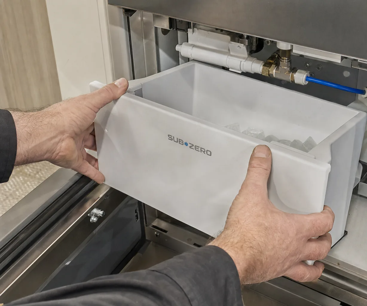 Technician servicing a built-in ice maker in an Old Westbury kitchen