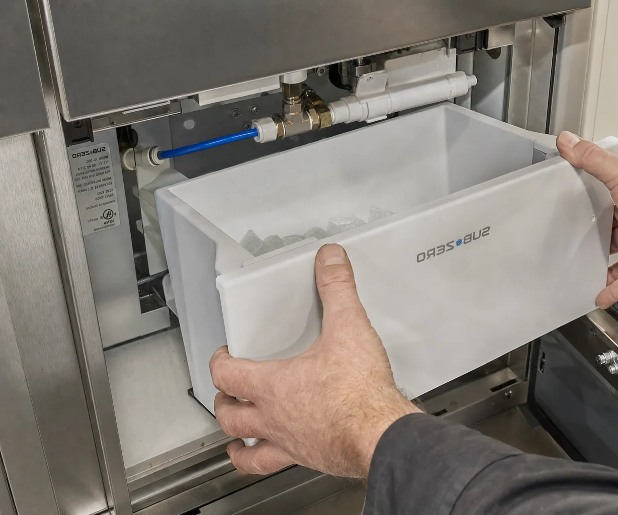 Technician servicing a built-in ice maker mid-repair