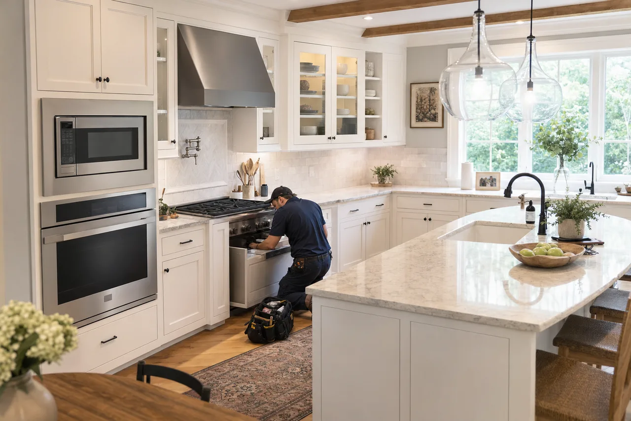 A luxury kitchen with built-in stainless appliances up close