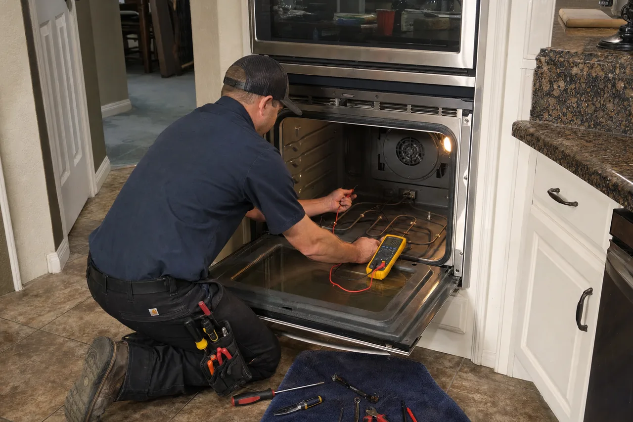 Technician servicing a built-in wall oven