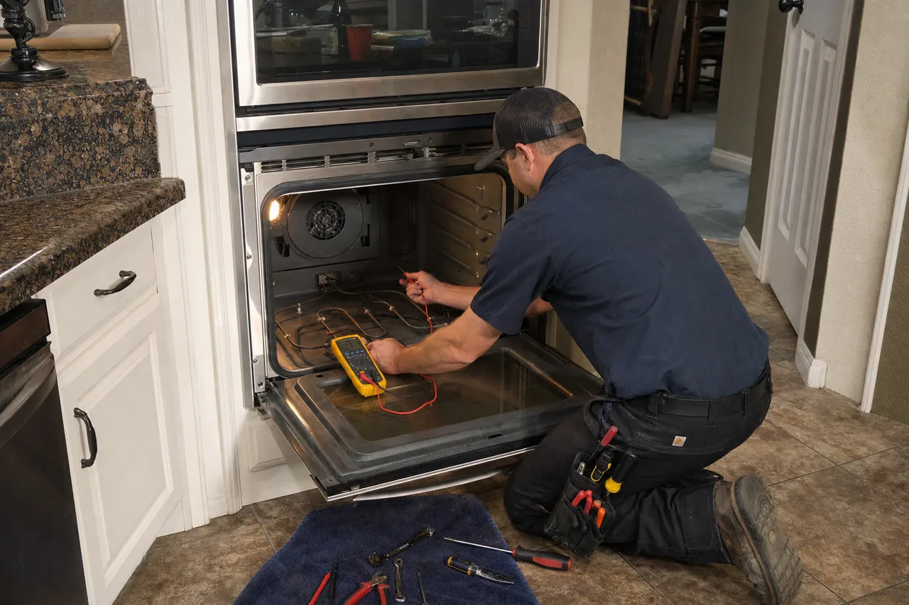 Technician servicing a built-in wall oven in an Old Westbury kitchen
