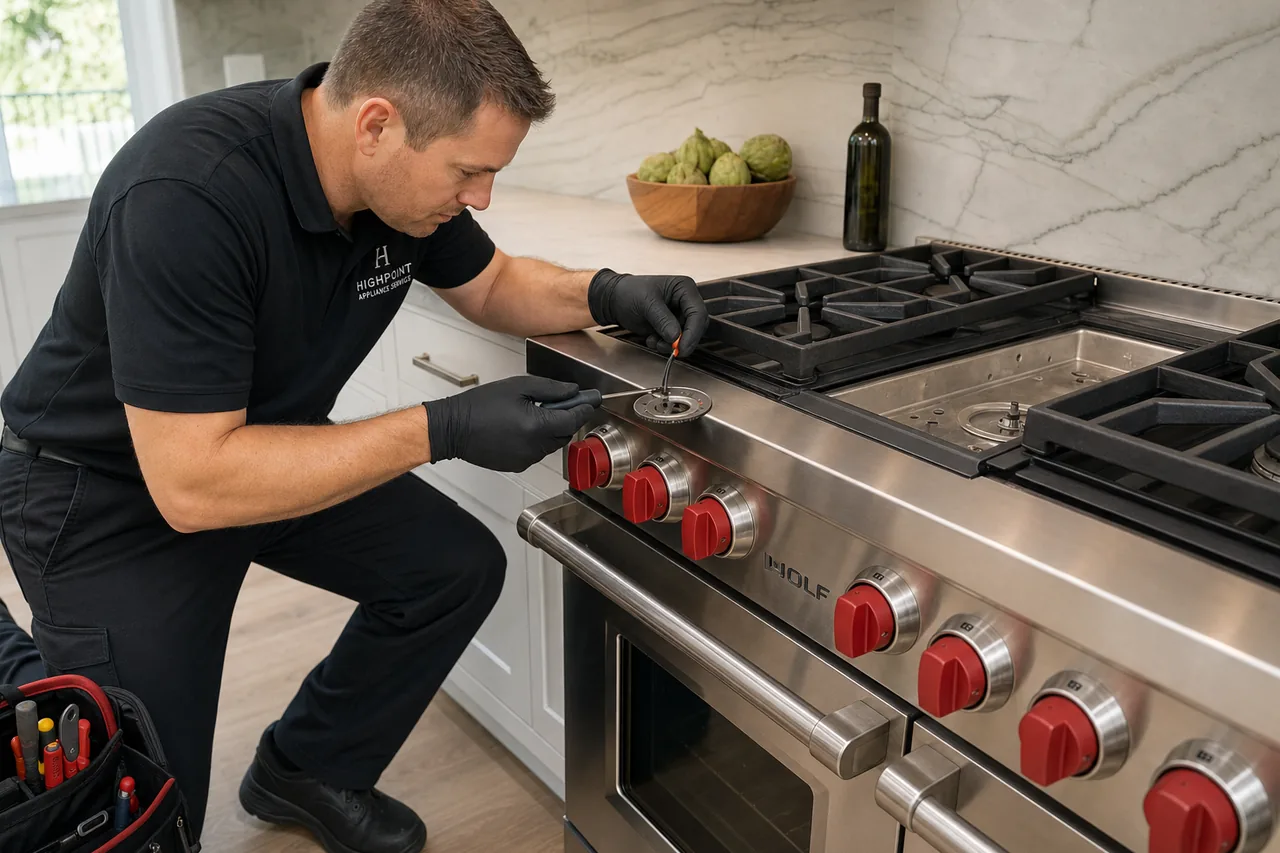 Technician servicing a stainless Wolf range